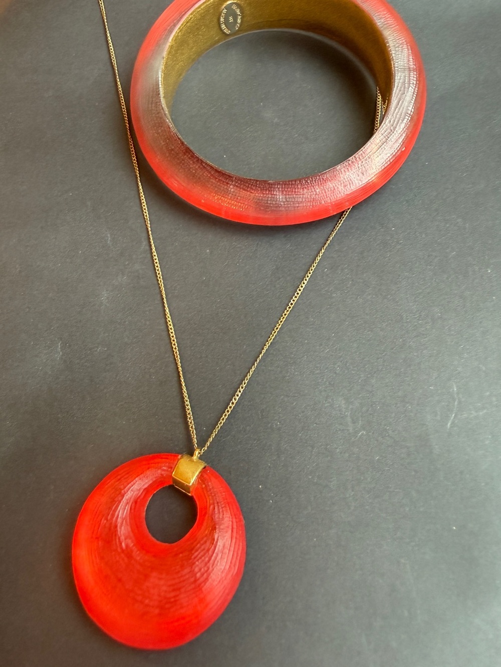 Vintage Alexis Bittar Hand Carved Red Lucite Necklace and Bracelet Set